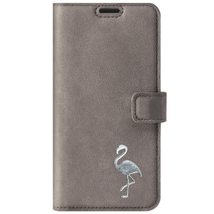 Handyhülle aus Leder Wallet case - Nubuk Grau - Silber Flamingo - Transparentes TPU