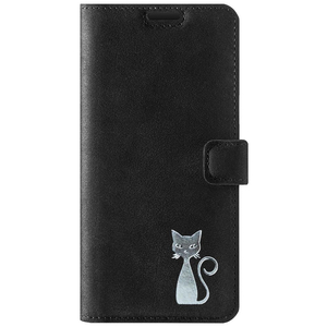 Handyhülle aus Leder Wallet case - Nubuk Schwarz - Silber Katze - Transparentes TPU