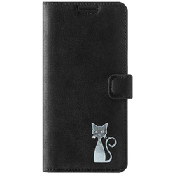 Handyhülle aus Leder Wallet case - Nubuk Schwarz - Silber Katze - Transparentes TPU