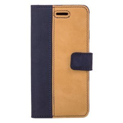 Handyhülle aus Leder Wallet case Duo - Nubuk Marineblau und Camel - Transparentes TPU